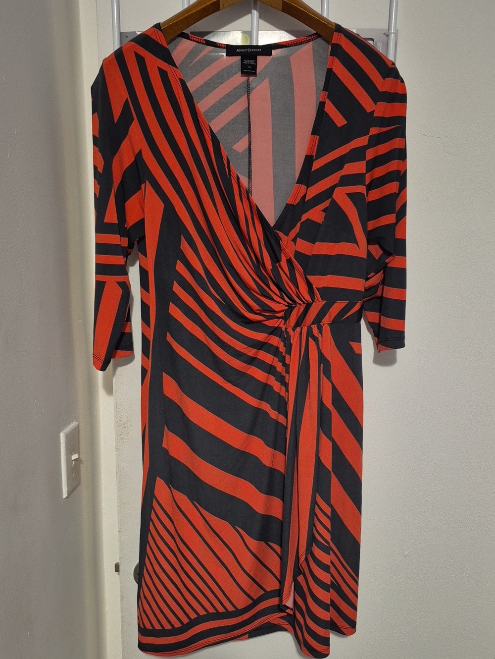 Orange and Navy Print Ruched Wrap Dress - Size 12